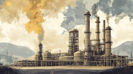 Obraz premium Vintage Style Illustration of a Refinery Blending Industrial Elegance with Timeless Design