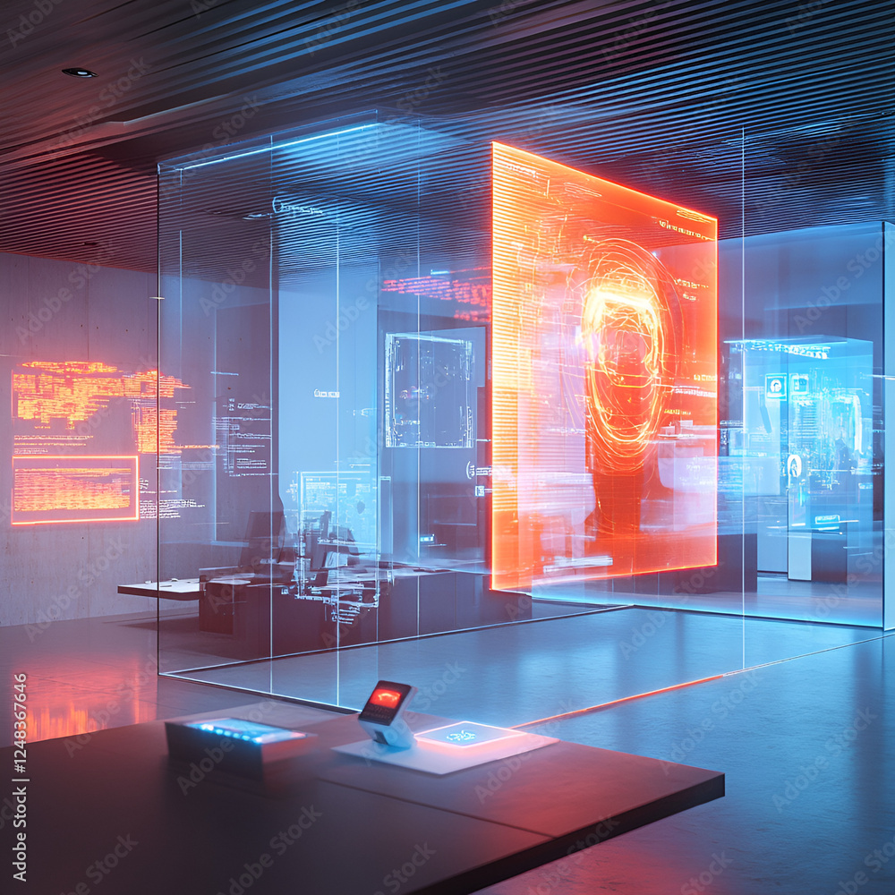 Poster future tech lab: a futuristic laboratory environment, bathed in the neon glow of technology, showcas