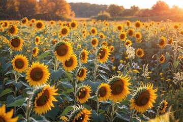 Fototapeta premium Breathtaking Field of Sunflowers and Wildflowers Bathed in Autumn Sunshine