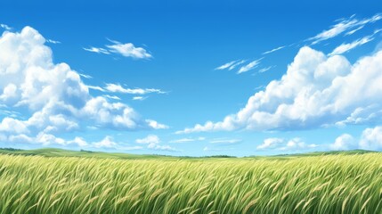 Obraz premium Vast grass field under a vibrant blue sky, serene nature landscape 