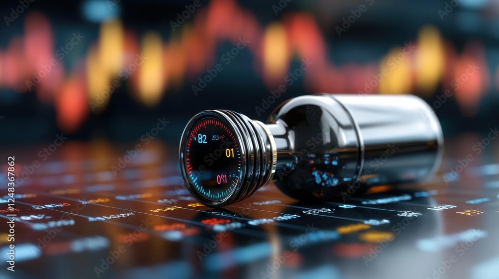Poster closeup view of metal oil barrels or drums with digital financial data and market trend charts displ