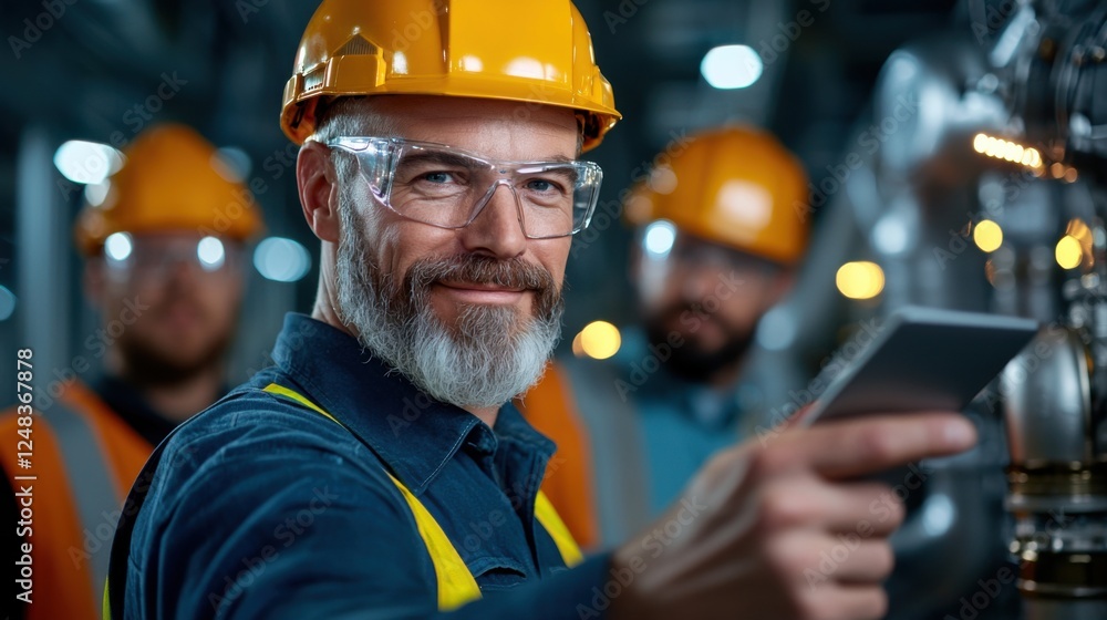 Poster a group of electrical engineers in uniform and hardhats carefully inspecting and troubleshooting var