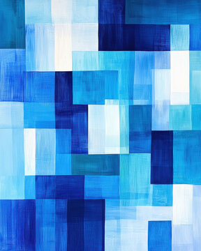 Vibrant blue abstract painting with textured squares and rectangles