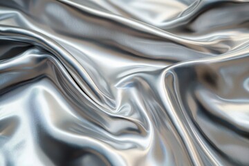Smooth and shiny silver satin fabric displaying gentle folds and ripples, creating a luxurious and elegant texture with reflective highlights