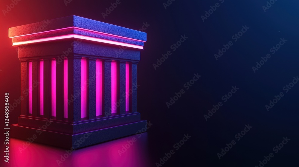 Poster A stylized, illuminated column structure with a vibrant pink and blue gradient against a dark background, reflecting modern design aesthetics.