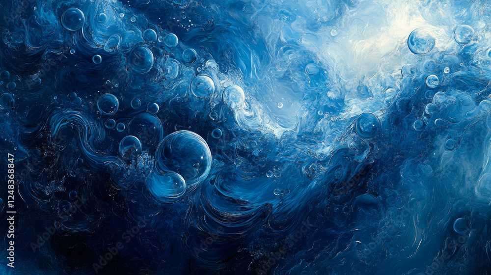 Poster natural blue 3d liquid bubbles abstract background with empty blank copyspace to add your content 3d