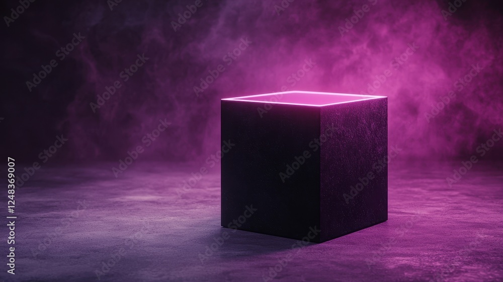 Poster a glowing cube surrounded by purple fog creates a mysterious and captivating scene.