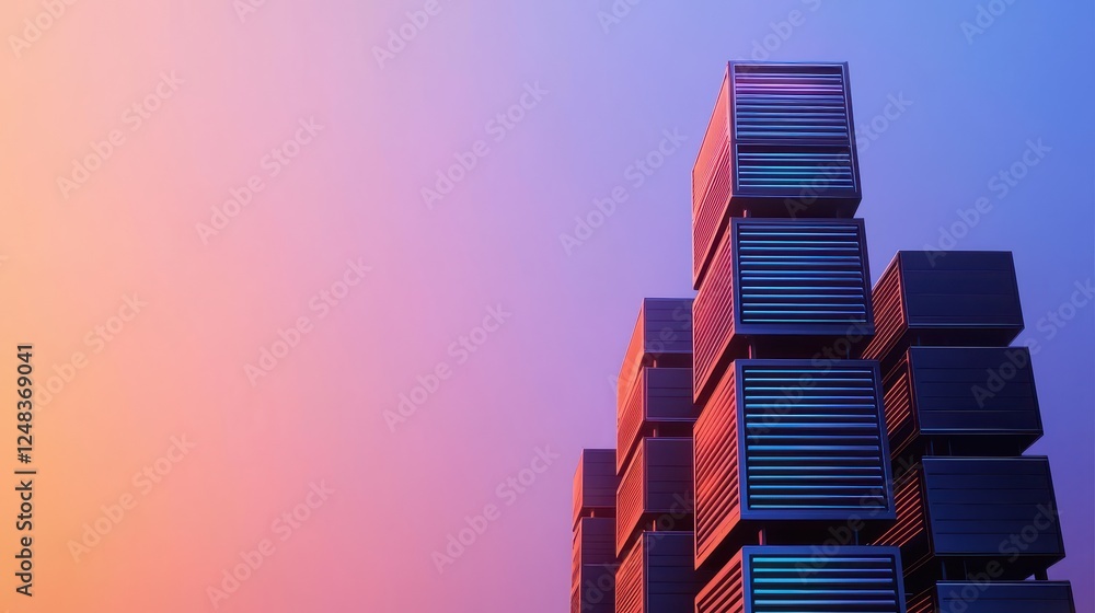 Poster A vibrant abstract composition featuring stacked containers against a gradient backdrop of purple and orange hues.