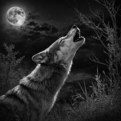 A black-and-white charcoal sketch of a wolf howling at the moon, capturing the raw beauty of wildlife.