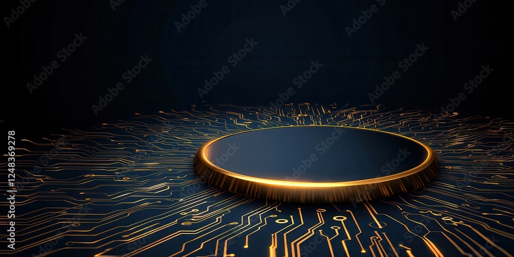 Poster A sleek, futuristic circular platform emits a golden glow, surrounded by a dark background with intricate circuit patterns.