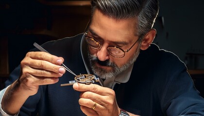 A high-precision watchmaker assembling tiny components of a luxury mechanical watch, showcasing intricate craftsmanship and attention to detail.