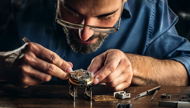 A high-precision watchmaker assembling tiny components of a luxury mechanical watch, showcasing intricate craftsmanship and attention to detail.