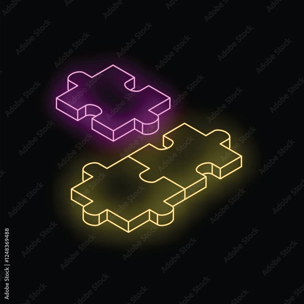 Poster two neon puzzle pieces joining together, symbolizing problem solving and teamwork