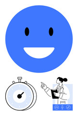 Fototapeta premium Bright blue happy face, stopwatch symbolizing time management, doctor with clipboard pointing on virtual call screen. Ideal for healthcare, technology, telemedicine, consultation, time efficiency
