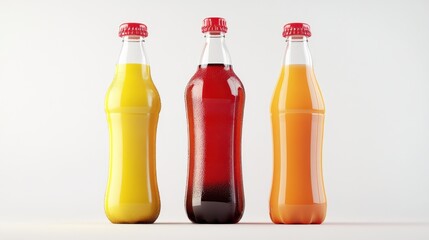 Three glass bottles with colorful drinks on white background.