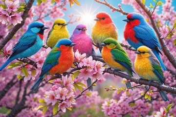 Fototapeta premium Cheerful Birds Gathering Amid Blooming Flowers Under Bright Spring Sunlight