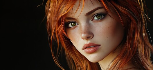 Obraz premium A beautiful woman with red hair and green eyes, looking at the camera, on a black background