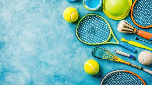Colorful sports equipment on a light blue surface.  Possible use Background for sports articles