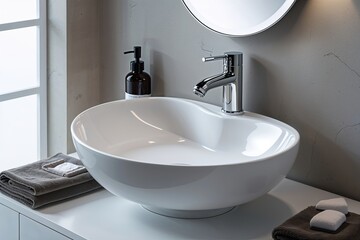 Fototapeta premium Modern White Bathroom Sink with Stylish Chrome Faucet