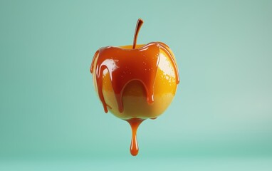 Floating caramel apple with sticky glaze dripping, hovering on a pastel green background
