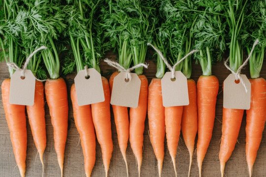 Fresh carrots with blank eco-friendly tags promoting sustainable agriculture