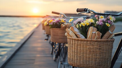 Vintage Bicycles with Flowers and Bread at Sunset on a Scenic Shoreline Pathway by the Water
