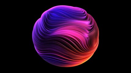 Abstract vibrant sphere with swirling, layered, colorful, dynamic, 3D design on black background.