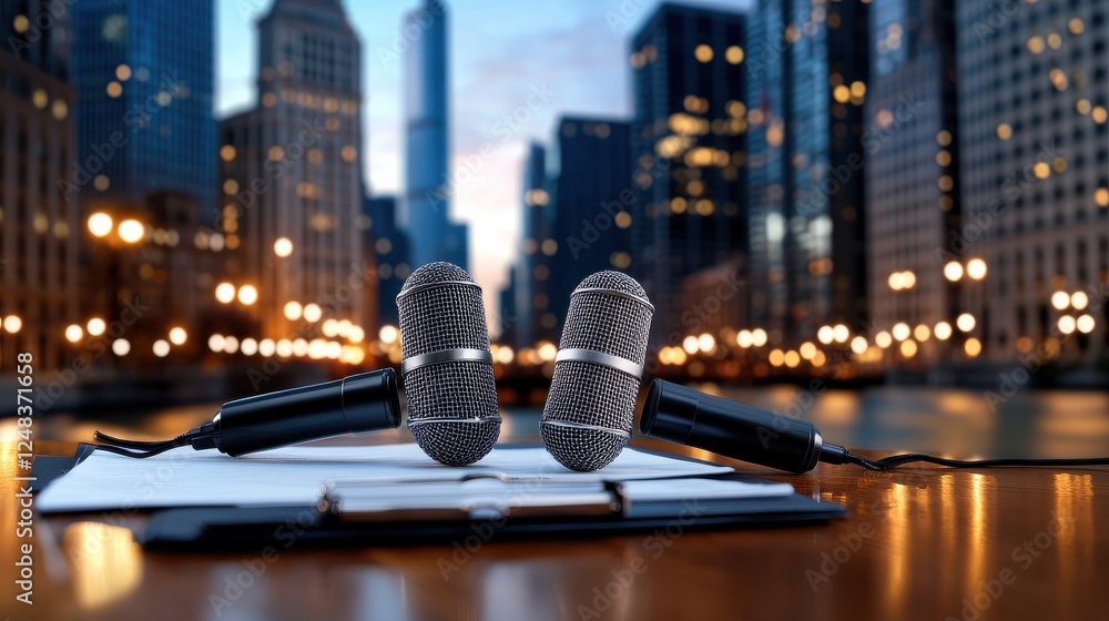 Poster close up shot of several professional microphones placed on a desk or table with a dynamic and illum