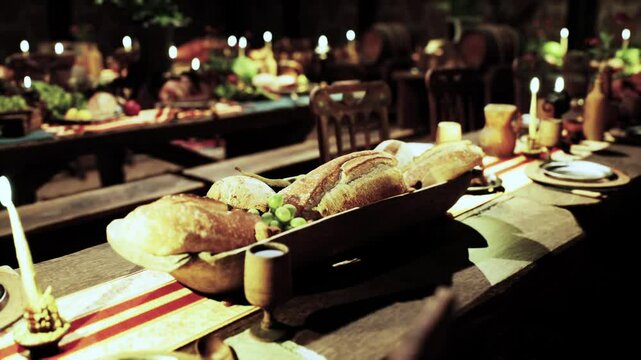 A beautifully arranged rustic table is filled with various types of bread, fruits, and drinks, creating a warm and inviting atmosphere for a festive gathering in an intimate setting.