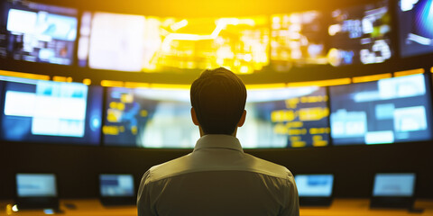 Analista observa una serie de pantallas en un centro de operaciones SOC de ciberseguridad