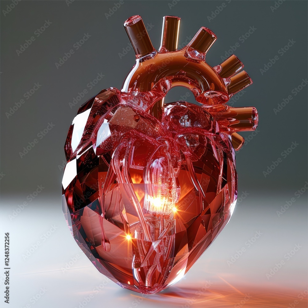 Poster an anatomically-accurate heart made of red crystal.