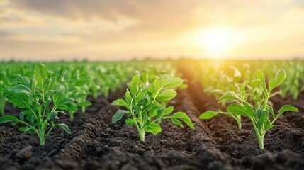 Young carrot plants growing in rows at sunset, representing sustainable agriculture