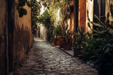 Photo sur Plexiglas Sunlit Cobblestone Alleyway,  Plants,  Spanish Architecture,  Tranquil