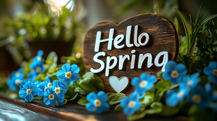 Texto Hello Spring escrito sobre una tabla de madera rodeada de flores y hojas