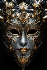 Digital illustration of an intricate Venetian mask with gold and silver highlights, on a black background