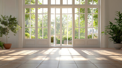 Spacious Room With Large Windows and Tiled Floor 3d render illustration. 3D Illustration