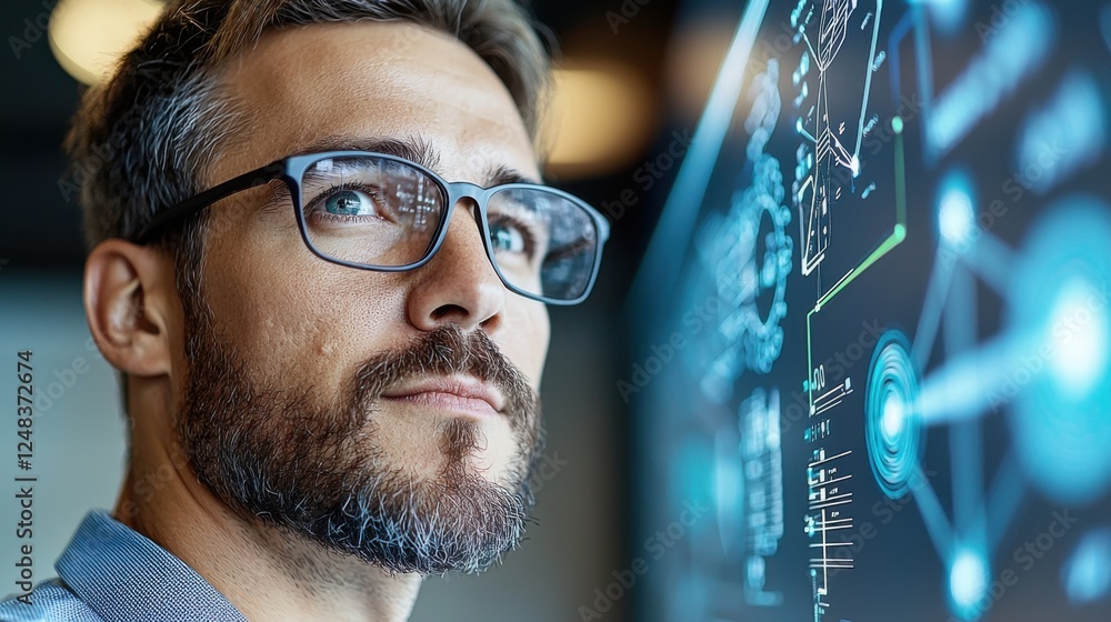 Poster close up portrait of a power station worker monitoring a high tech control panel in a modern industr