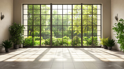 Spacious Room With Large Windows and Tiled Floor 3d render illustration. 3D Illustration