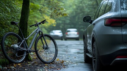 Fototapeta premium Bicycle Leaning Against a Tree in Misty Forest with Cars in Background on a Rainy Day