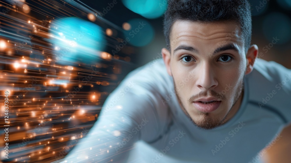 Poster a dynamic digital depicting a sprinter in a business suit symbolizing the idea of career growth prof
