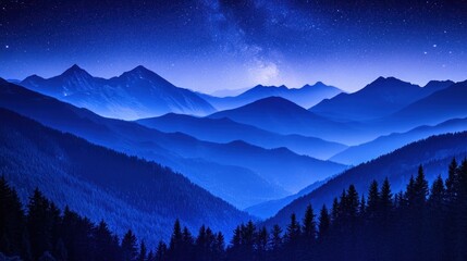 Majestic Blue Mountains Under a Starry Night Sky