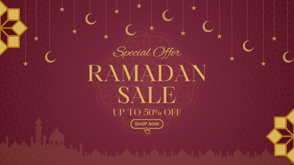 Ramadan Kareem Sale Banner, Islamic Ornament Lantern, moon, star and mosque Red Background
