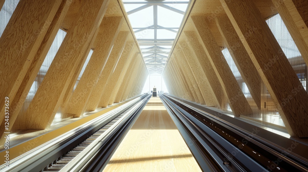 Poster wooden structure enclosing moving walkways leading to light