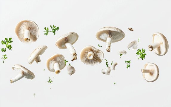 A visually striking mix of mushrooms hovering gently in the air with elegant shadows clean white background