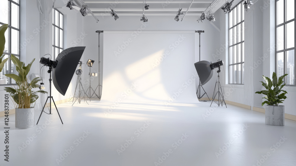 Poster white minimalistic studio environment with bright lights and reflections 3d render illustration. 3d 