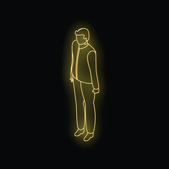 Neon yellow glowing businessman standing in casual pose on black background