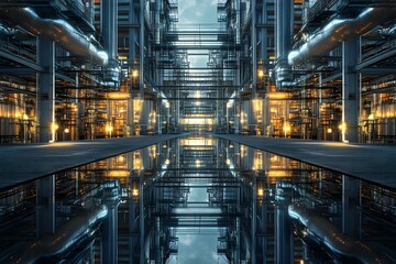 Fototapeta premium A modern industrial facility with complex piping and structures, illuminated reflections on a wet surface create a dramatic effect. Concept Industrial Architecture, Complex Piping Systems