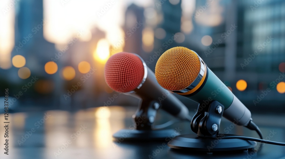 Poster a row of professional microphones neatly arranged for audio recording broadcasting and public speaki