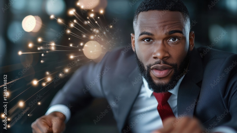 Poster a dynamic and symbolic image of a businessman in a formal suit sprinting with determination represen