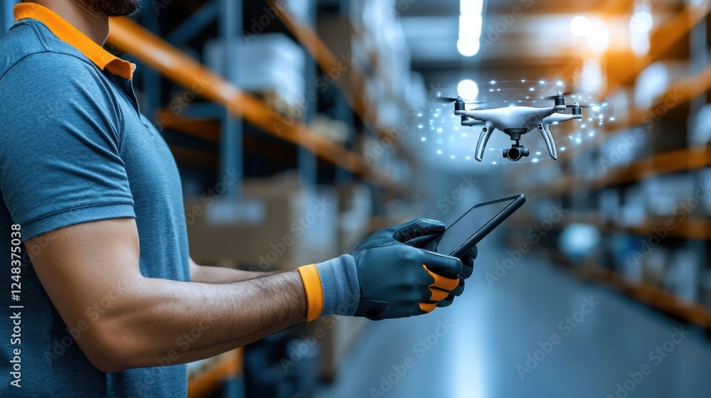 Poster a side view of a worker wearing smart gloves in a modern warehouse or factory setting showcasing the